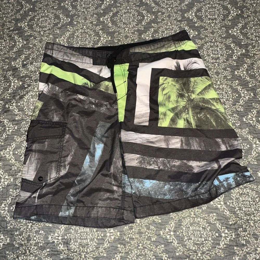 US Apparel Men's Swim Trunks Board Shorts Pockets Tags Black Green Size Large